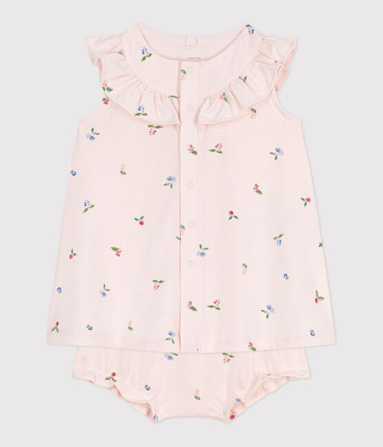 Kurzärmeliges Babykleid aus Baumwolle und Bloomer mit Fruchtmuster rosa FLEUR/weiss MULTICO