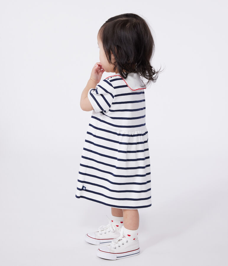 Kurz&auml;rmeliges Baby-Kleid aus Baumwolle mit Marinestreifen und Matrosenkragen weiss/blau