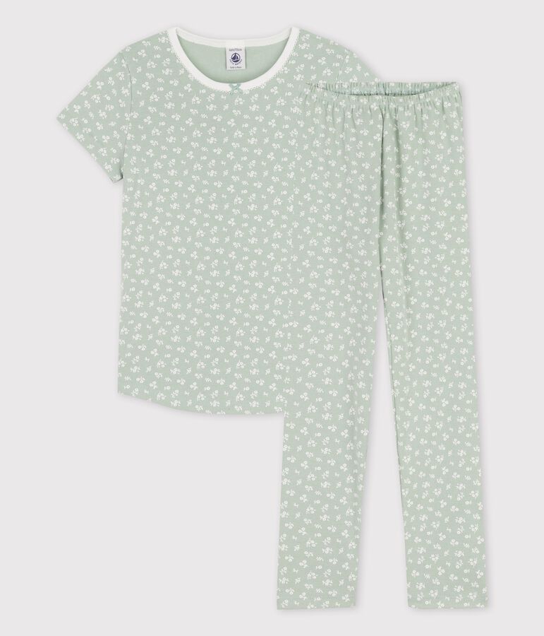 Kurz&auml;rmeliger Kinderpyjama aus Baumwolle mit Blumen f&uuml;r M&auml;dchen gr&uuml;n/weiss