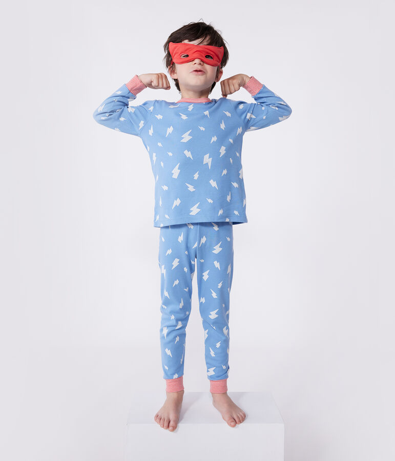 Kinder-Pyjama zum Verkleiden aus phoshoreszierender Baumwolle mit Cape blau/vielfarbig