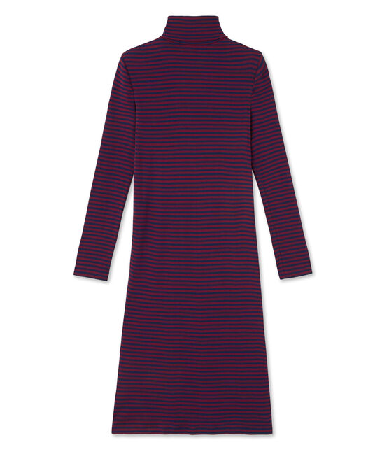 Gestreiftes Damen-Kleid mit Rollkragen aus ultra-leichter Baumwolle rot CLAFOUTI/blau MEDIEVAL