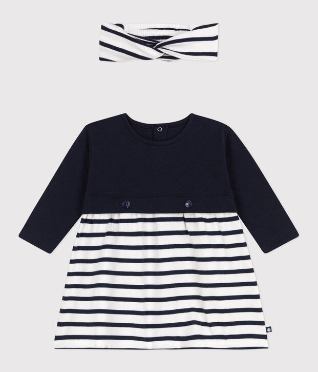Set lang&auml;rmeliges Baby-Kleid aus Doppeljersey und Baumwolle und dazu passendes Baby-Stirnband. vielfarbig