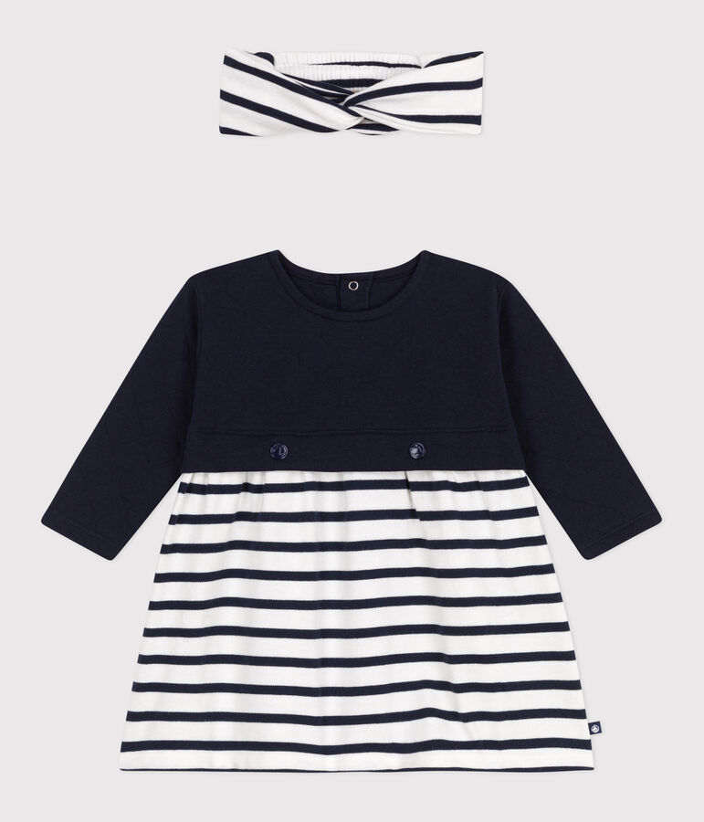 Set lang&auml;rmeliges Baby-Kleid aus Doppeljersey und Baumwolle und dazu passendes Baby-Stirnband. vielfarbig