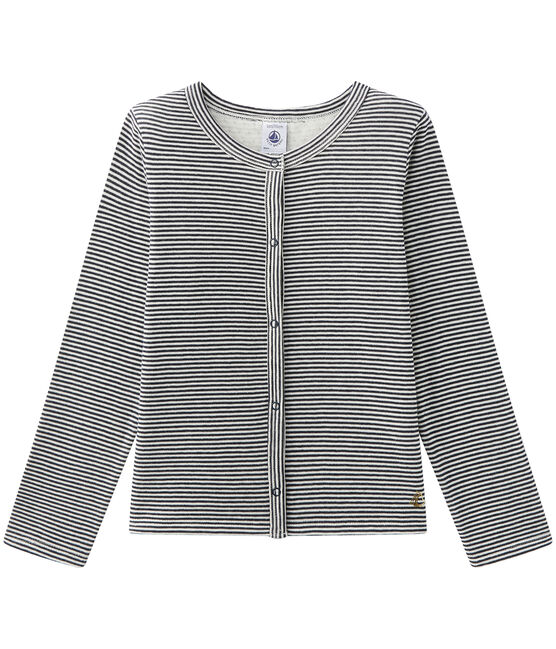 Geringelter Mädchen-Cardigan aus gedoppeltem Jersey blau SMOKING/beige COQUILLE