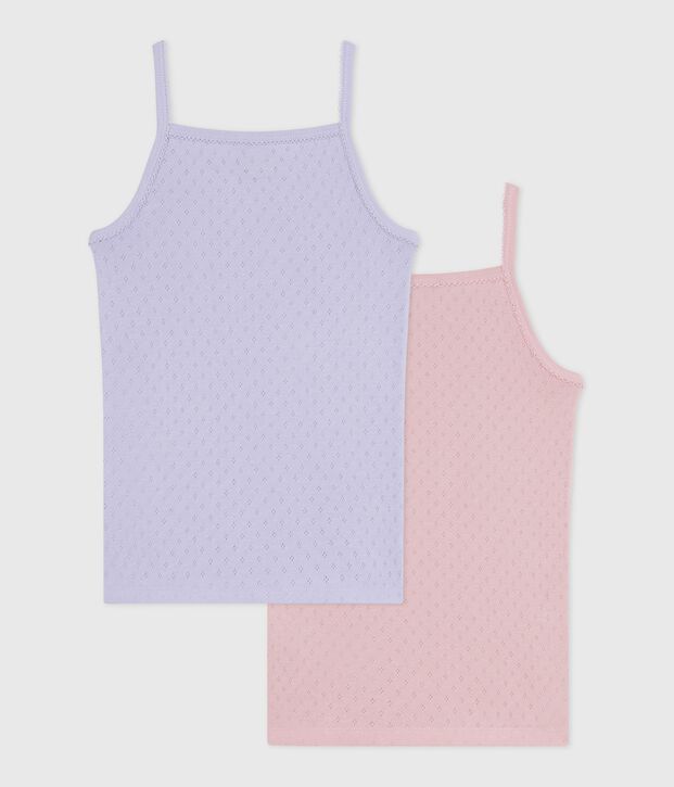 Set Kinder-Spaghetti-Tops aus Baumwolle mit Lochstickerei. vielfarbig