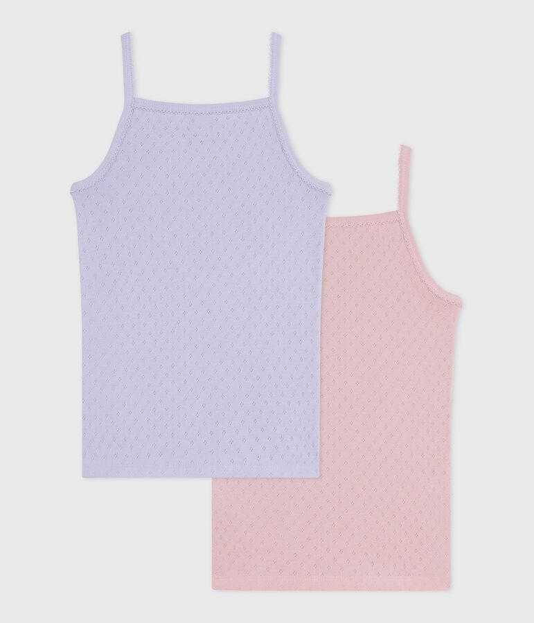 Set Kinder-Spaghetti-Tops aus Baumwolle mit Lochstickerei. vielfarbig