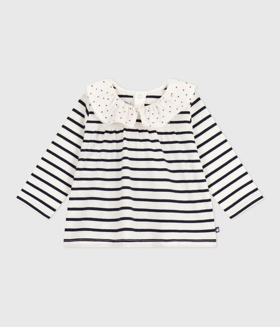 Langärmelige Baby-Bluse aus Baumwolle mit Matrosenstreifen und Herz-Kragen weiss MARSHMALLOW/blau SMOKING