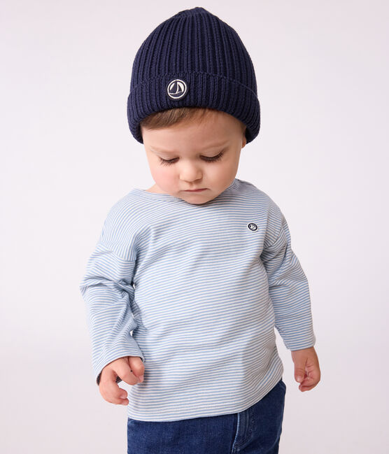 Langärmeliges Baby-T-Shirt aus Baumwolle mit Streifen ADRIATIC/ MARSHMALLOW