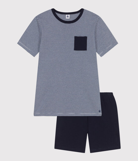 Kinder-Kurzpyjama aus Baumwolle mit Streifen blau MEDIEVAL/weiss MULTICO