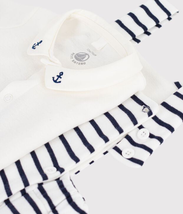 2-teiliges Baby-Set aus Baumwolle mit Streifen und Stickereien weiss/blau