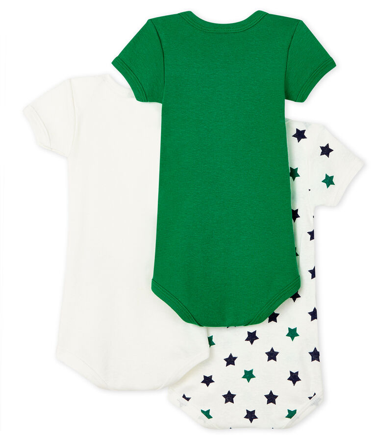 Trio kurz&auml;rmelige Baby-Bodys f&uuml;r Jungen aus Baumwolle und Leinen vielfarbig