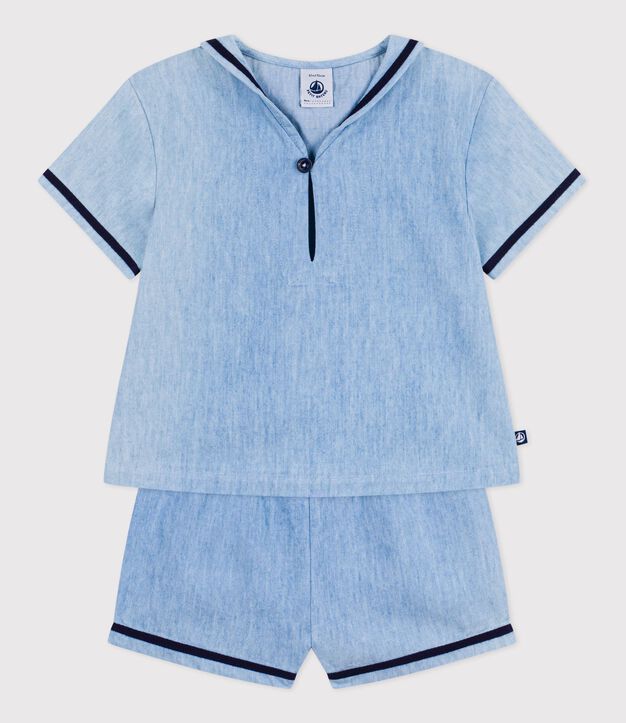 2-teiliges Baby-Set aus Chambray, T-Shirt mit Matrosenkragen blau