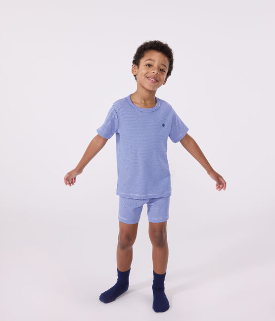 Kinder-Kurzpyjama aus Baumwolle mit Streifen blau PERSE/weiss MARSHMALLOW