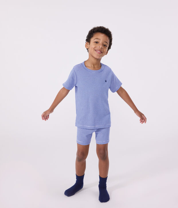 Kinder-Kurzpyjama aus Baumwolle mit Streifen blau/weiss