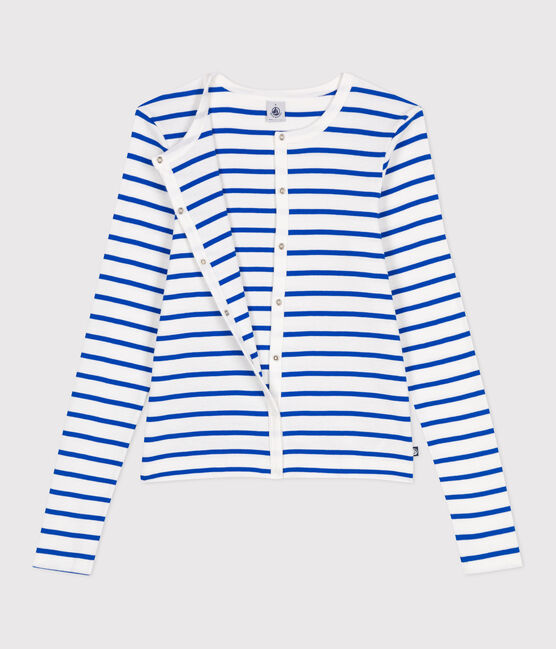 Damen-Cardigan aus einfarbiger Baumwolle weiss MARSHMALLOW/blau PERSE