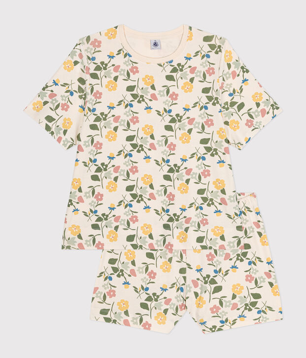 Damen-Pyjama, Shorts und T-Shirt aus Baumwolle mit Blumenmuster naturfarben/vielfarbig