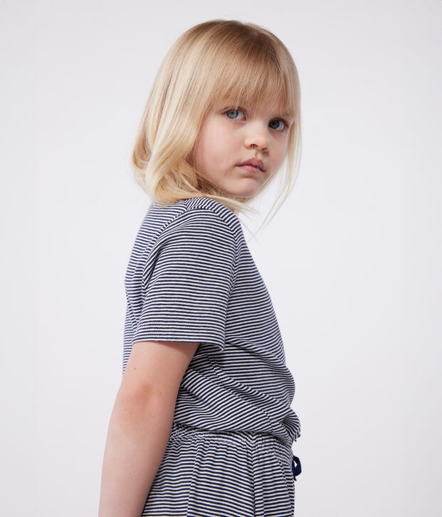 Kurz&auml;rmeliger Kinder-Pyjama aus Baumwolle mit weiten Beinen und Streifen blau/weiss