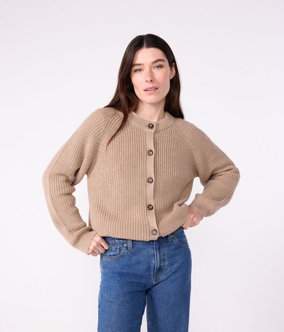 Damen-Cardigan aus einfarbiger Wolle und Baumwolle braun ROCHE
