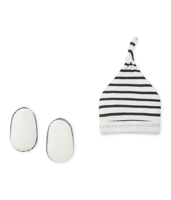 Set aus Baby-Mütze und -Schuhen für Neugeborene beige COQUILLE/blau SMOKING