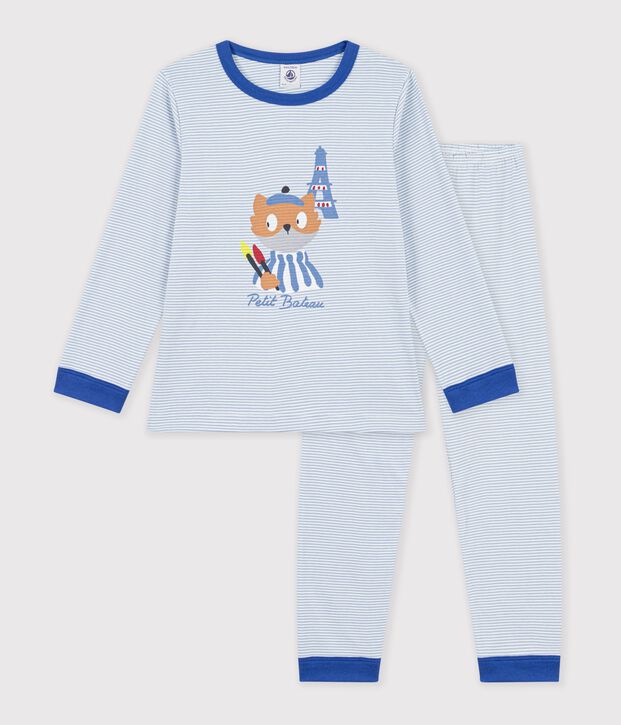 Kinder-Pyjama aus Baumwolle mit Streifen blau/weiss