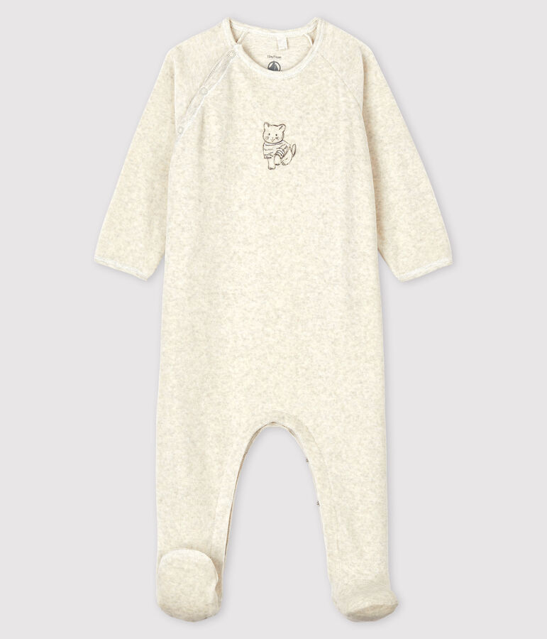 Baby-Strampler aus Nicki f&uuml;r M&auml;dchen mit Katzenmotiv beige
