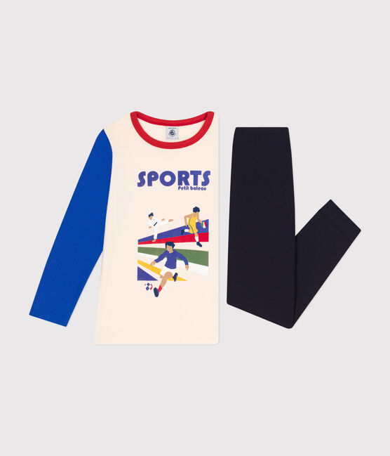 Kinder-Pyjama aus einfarbiger Baumwolle mit Sportmotiven blau SMOKING/weiss MULTICO