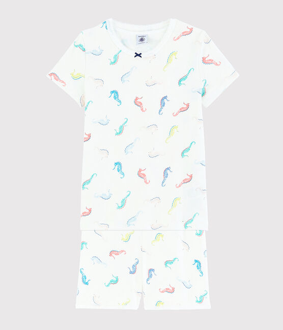 Kinder-Kurzpyjama aus Baumwolle mit Seepferdchenmotiv für Mädchen weiss MARSHMALLOW/weiss MULTICO