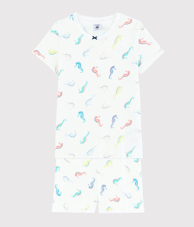 Kinder-Kurzpyjama aus Baumwolle mit Seepferdchenmotiv f&uuml;r M&auml;dchen weiss/vielfarbig