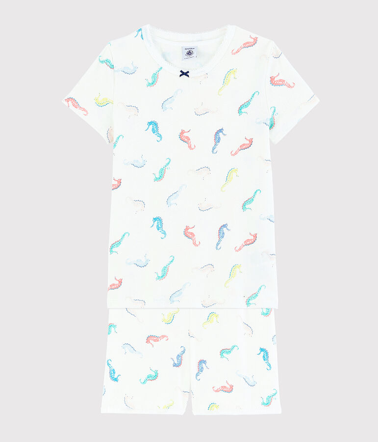 Kinder-Kurzpyjama aus Baumwolle mit Seepferdchenmotiv f&uuml;r M&auml;dchen weiss MARSHMALLOW/weiss MULTICO