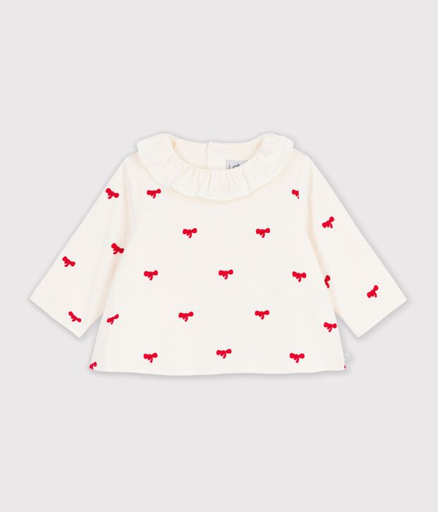 Baby-Bluse aus Feincord mit gesticktem Schleifenmuster naturfarben/rot