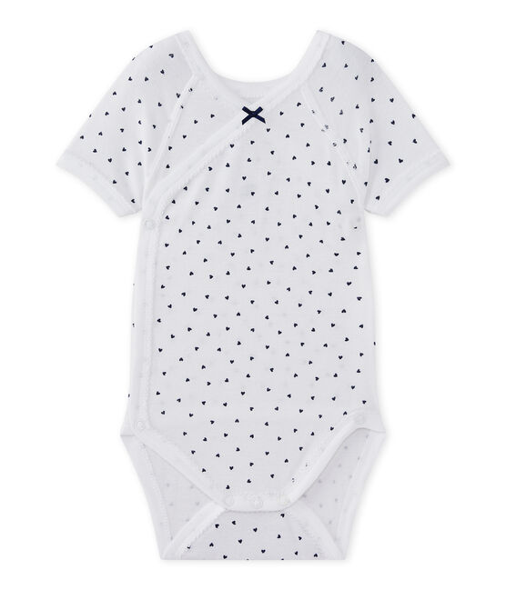 Kurzärmeliger Baby-Mädchen-Wickelbody mit Print weiss ECUME/blau MEDIEVAL