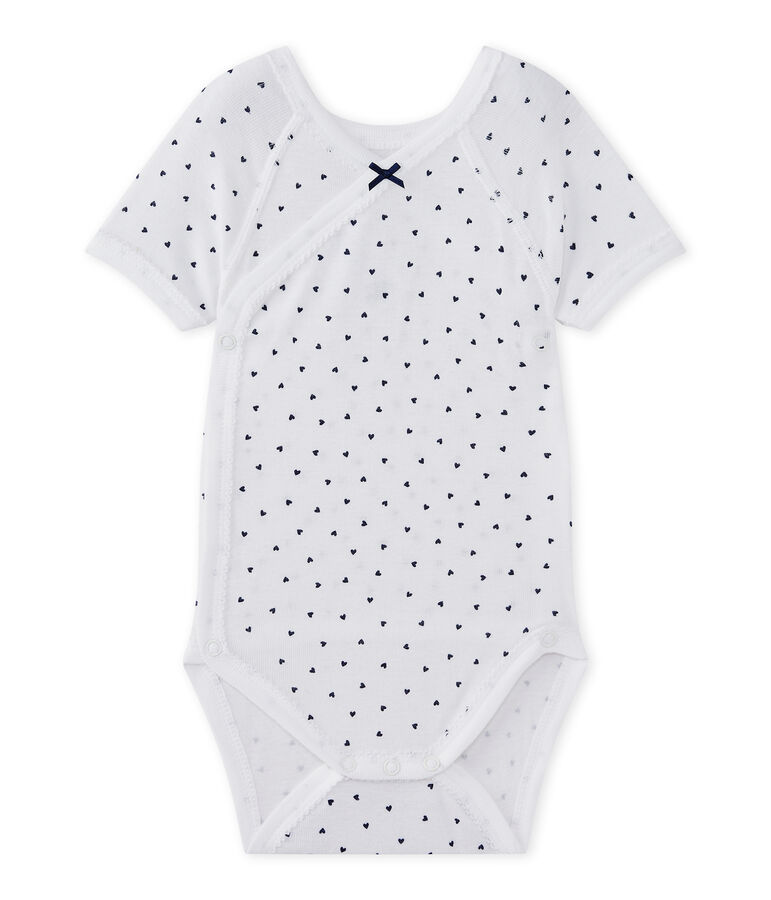 Kurz&auml;rmeliger Baby-M&auml;dchen-Wickelbody mit Print weiss ECUME/blau MEDIEVAL