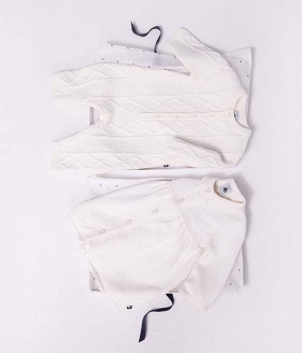 Baby-Overall aus einfarbigem Woll- und Baumwollstrick weiss