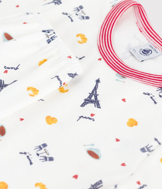 Kurzärmeliger Kinder-Pyjama mit langen Beinen aus bedruckter Baumwolle weiss MARSHMALLOW/weiss MULTICO