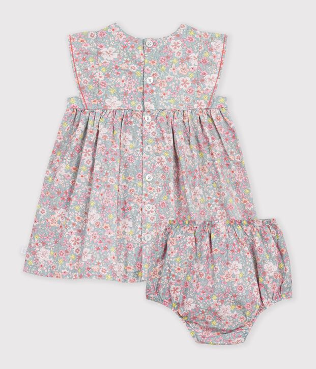 Kurz&auml;rmeliges Babykleid aus Baumwolle und dazu passender Bloomer mit Blumenmuster blau/vielfarbig