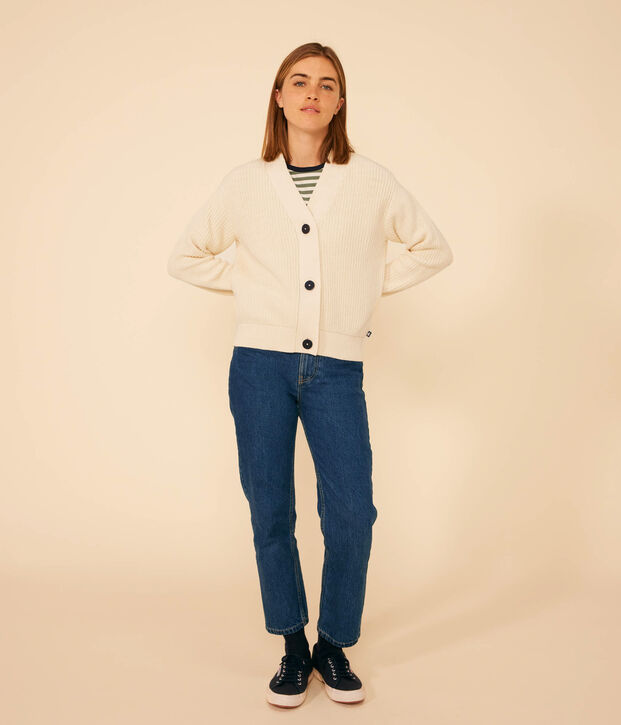 Damen-Cardigan mit Patentmuster aus Baumwolle naturfarben