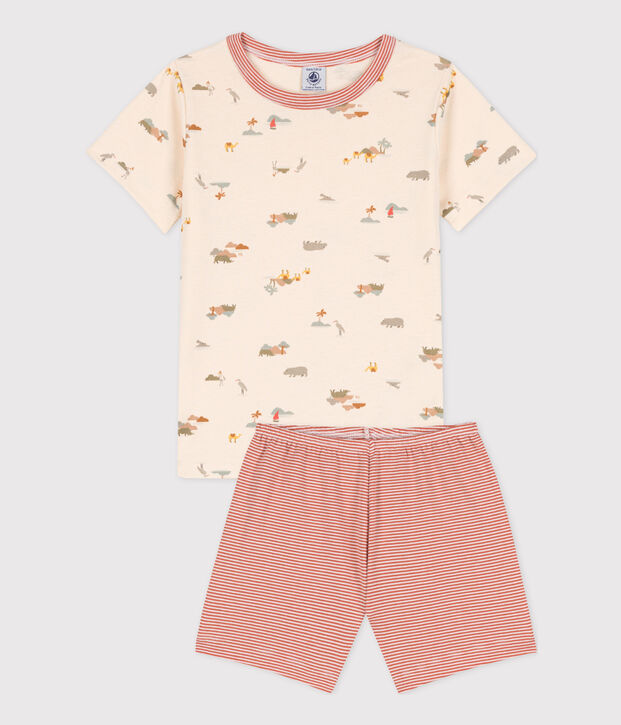 Kinder-Kurzpyjama aus Baumwolle mit Tiermotiv naturfarben/vielfarbig