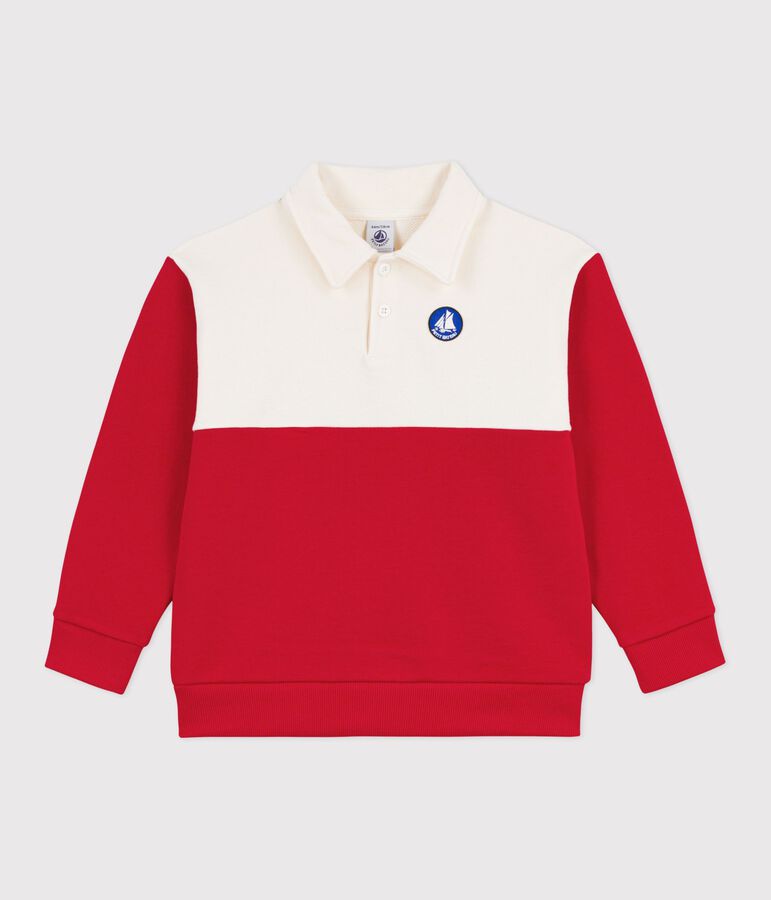 Kinder-Sweatshirt im Polo-Stil aus Baumwolle naturfarben/rot