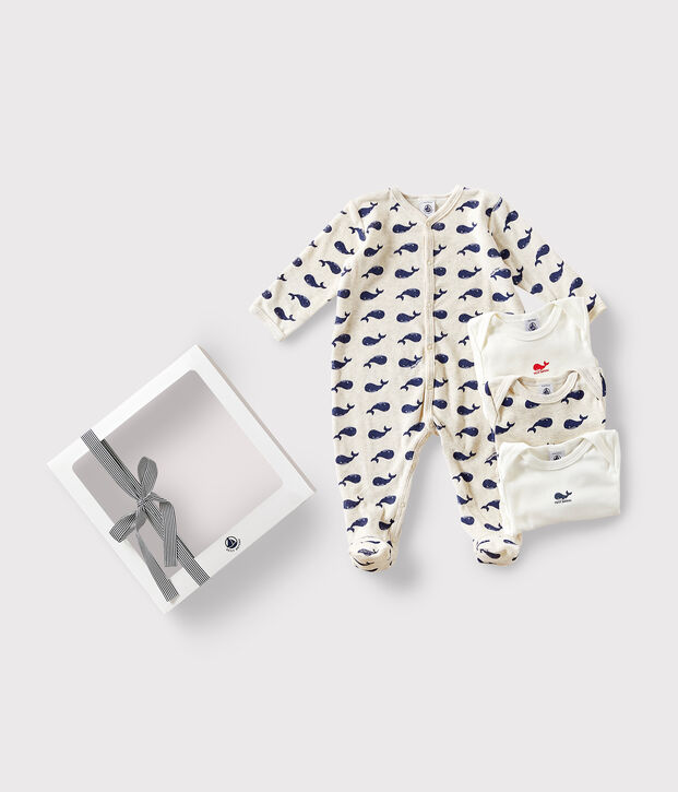 Baby-Geschenkset aus 1 Strampler und 3 Bodys mit Walmotiv vielfarbig