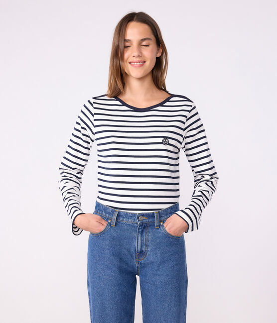 Langärmeliges Damen-Streifenshirt "Marinière" aus Baumwolle weiss MARSHMALLOW/blau SMOKING