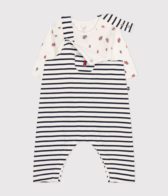 Baby-Set Latzhose und Body aus Baumwolle weiss MARSHMALLOW/blau SMOKING