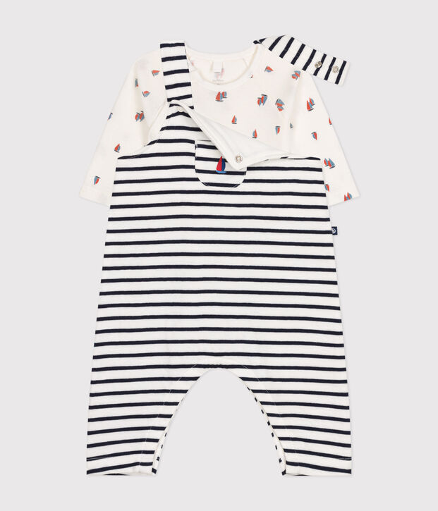 Baby-Set Latzhose und Body aus Baumwolle weiss/blau