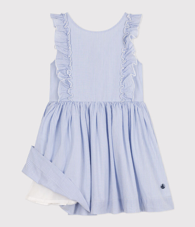 &Auml;rmelloses, gestreiftes Kleid aus Popeline f&uuml;r Kinder/M&auml;dchen blau/weiss/grau