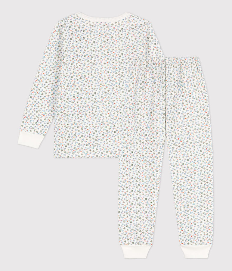 Kinderpyjama aus Molton mit Blumenmotiv f&uuml;r M&auml;dchen weiss/vielfarbig