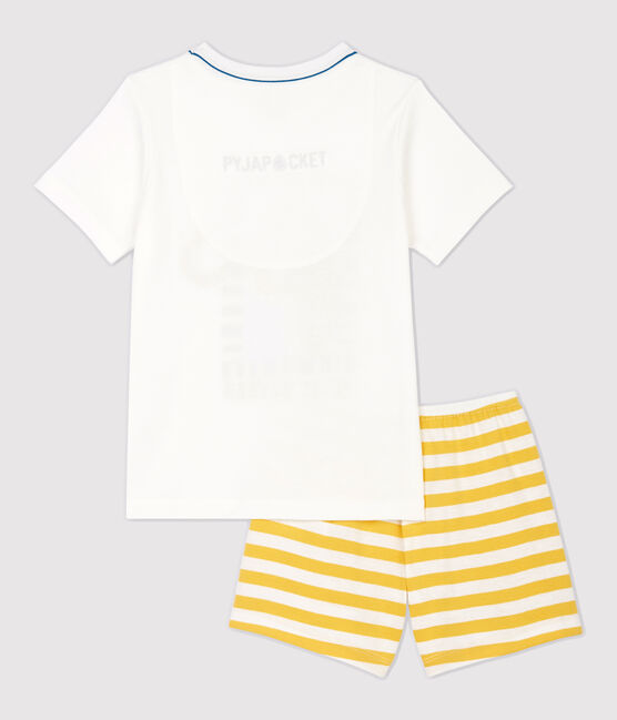 Kinder-Kurzpyjama aus Baumwolle mit Panthermotiv für Jungen weiss MARSHMALLOW/gelb OCRE
