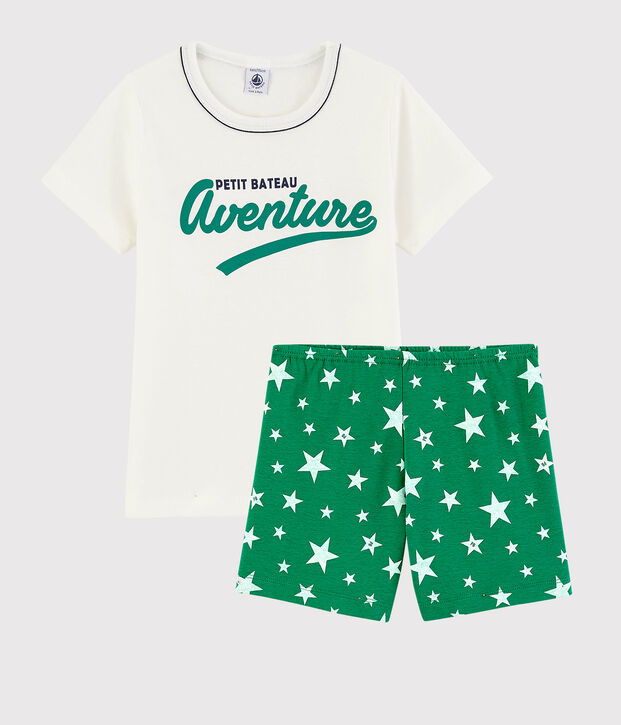 Kinder-Kurzpyjama aus Baumwolle mit Sternenmotiv f&uuml;r Jungen weiss/gr&uuml;n