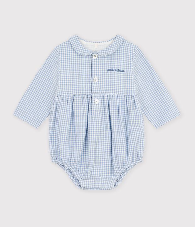 Baby-Kurzoverall aus Baumwolle mit Kragen und Vichy-Muster blau/weiss