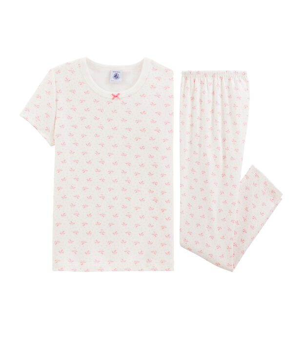 Rippstrick-Pyjama mit Blumen, f&uuml;r kleine M&auml;dchen. weiss/rosa