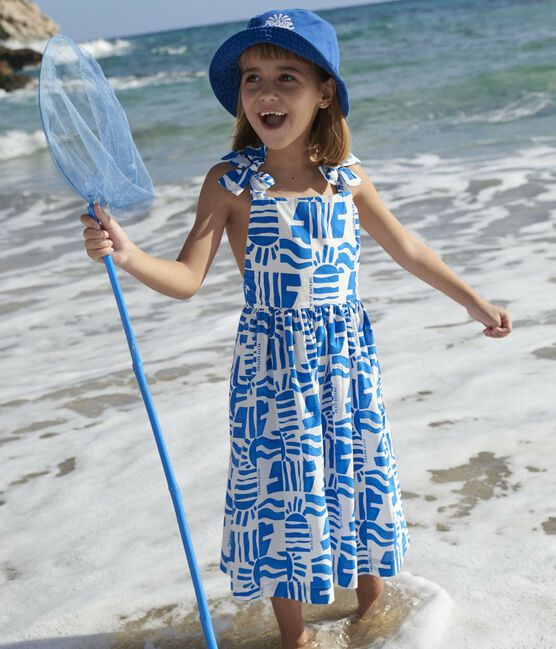 Langes Kinder-Trägerkleid aus bedruckter Baumwolle blau MARSHMALLOW/ PORCELANA
