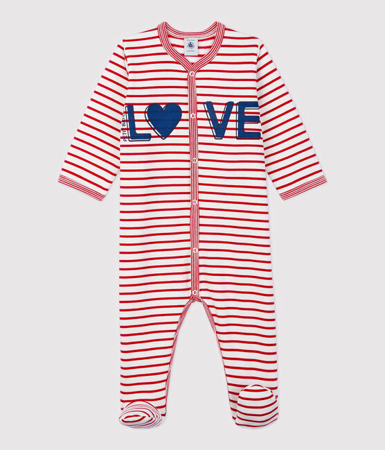 Baby-Strampler aus Molton, mit Füßen weiss MARSHMALLOW/rot TERKUIT
